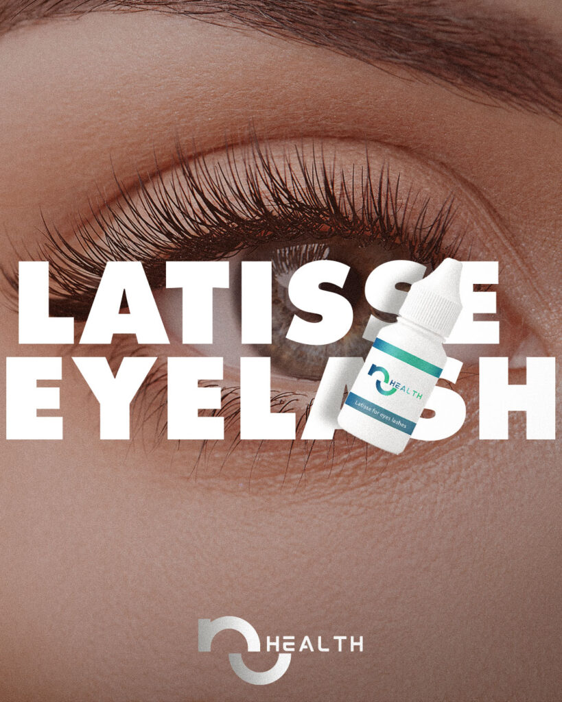 a close up of an eye with a bottle of eyelash latisse