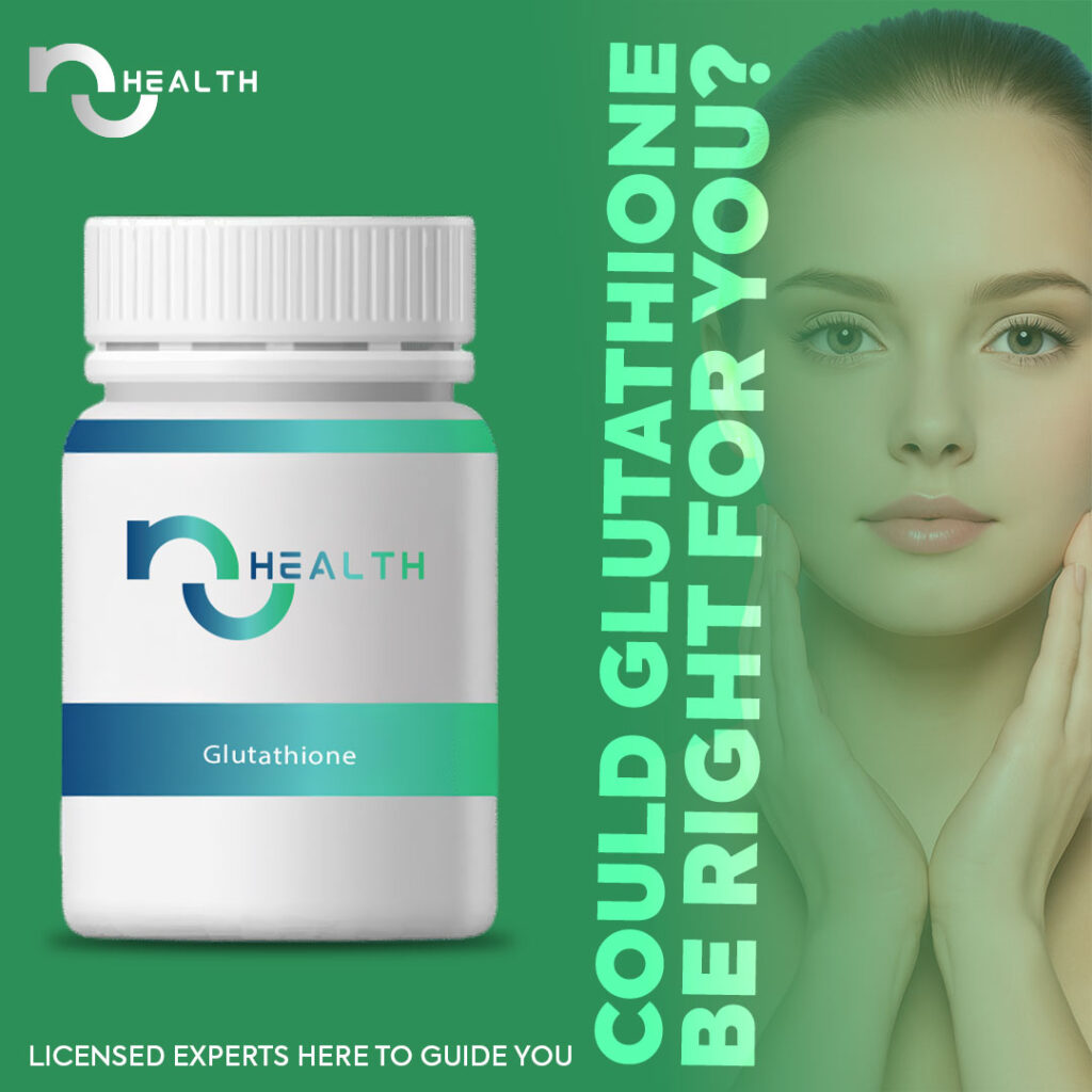 a white bottle with a woman's face and a green background glutathione