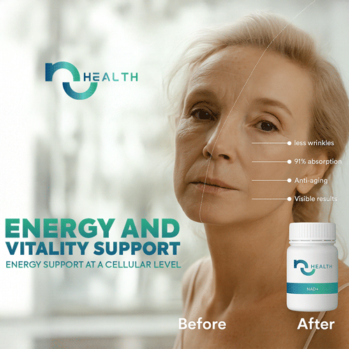 a woman with a bottle of NAD+ before after