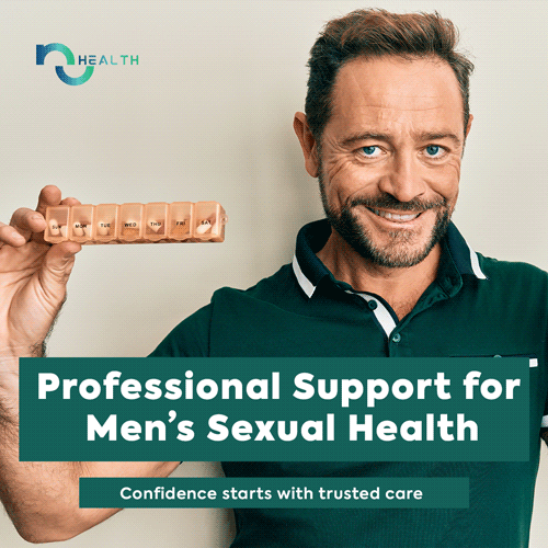 a man holding a pill for sexual health