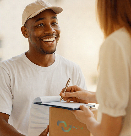 Delivery person handing over package.